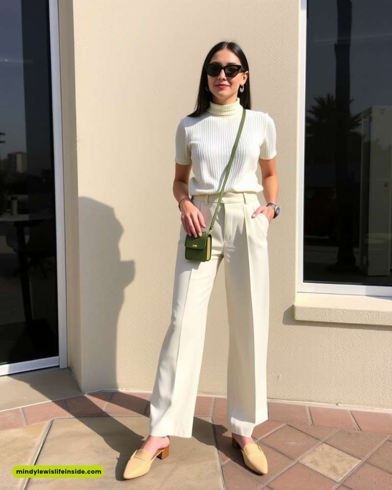 A woman wearing white pants and a turtleneck sweater, styled in a trendy hipster outfit.
