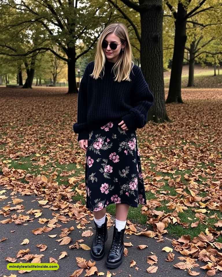 A woman wearing a black sweater and a floral skirt, showcasing a trendy hipster outfit.
