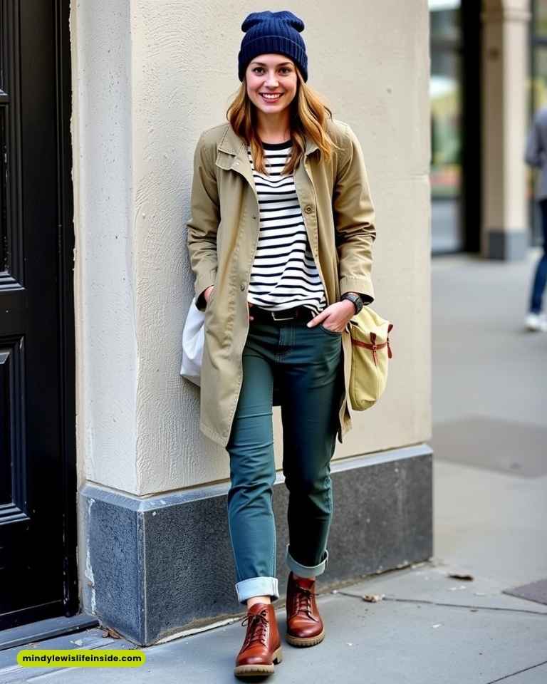 A woman wearing green pants and a hat, showcasing a trendy hipster outfit.
