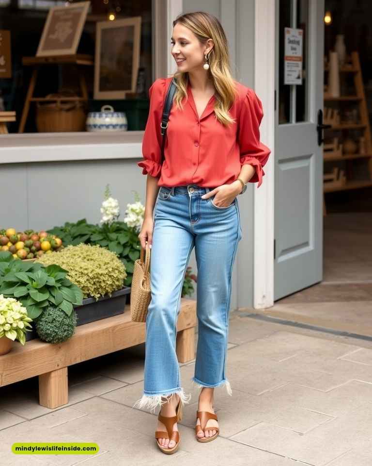 A woman wearing jeans and a red blouse, styled in a trendy hipster outfit.