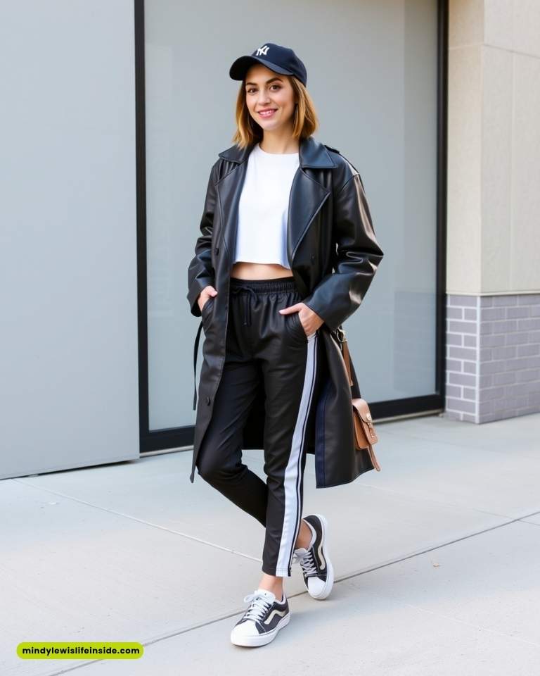 A woman in a black leather jacket and white crop top, showcasing a trendy hipster outfit.