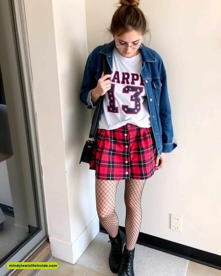 A girl in a plaid skirt and denim jacket poses stylishly, showcasing a trendy hipster outfit.