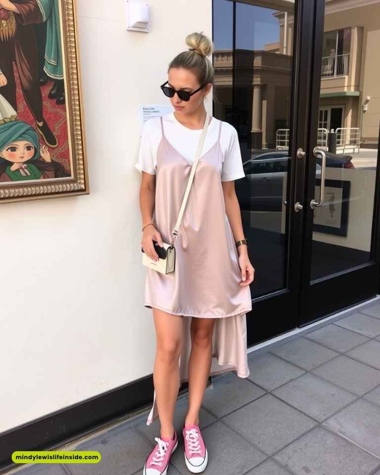 A woman wearing a pink dress paired with sneakers, showcasing a trendy hipster outfit.