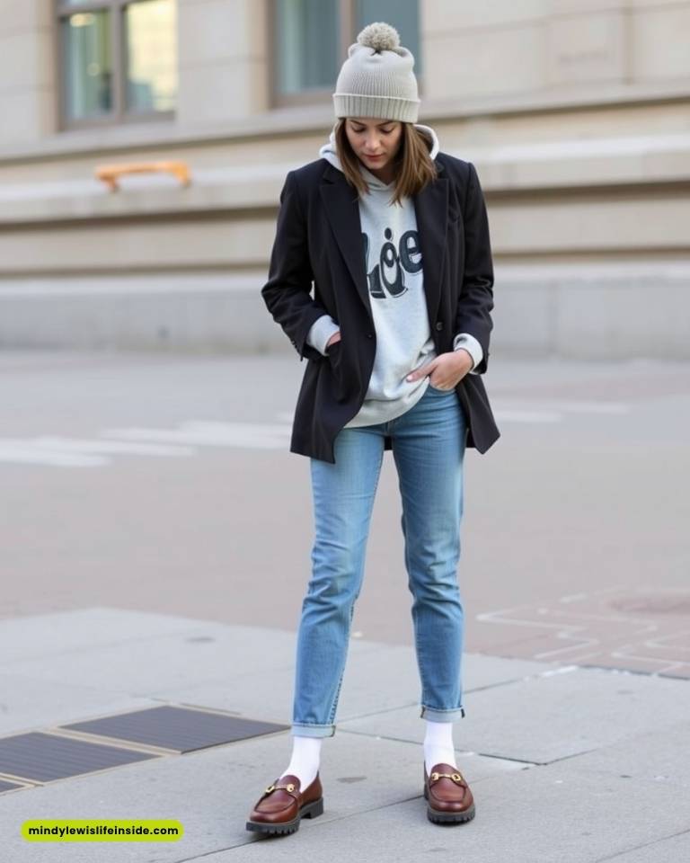 A woman in a beanie and jeans, showcasing a trendy hipster outfit.
