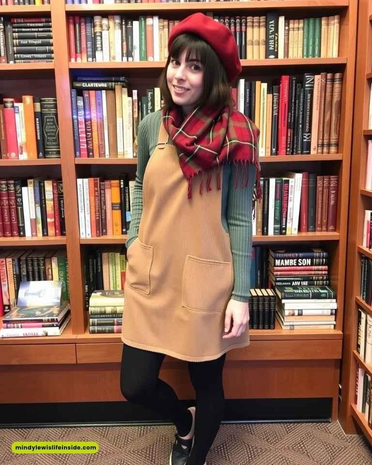 A woman wearing a red hat and brown dress poses in front of a bookcase, exemplifying a hipster fashion look.