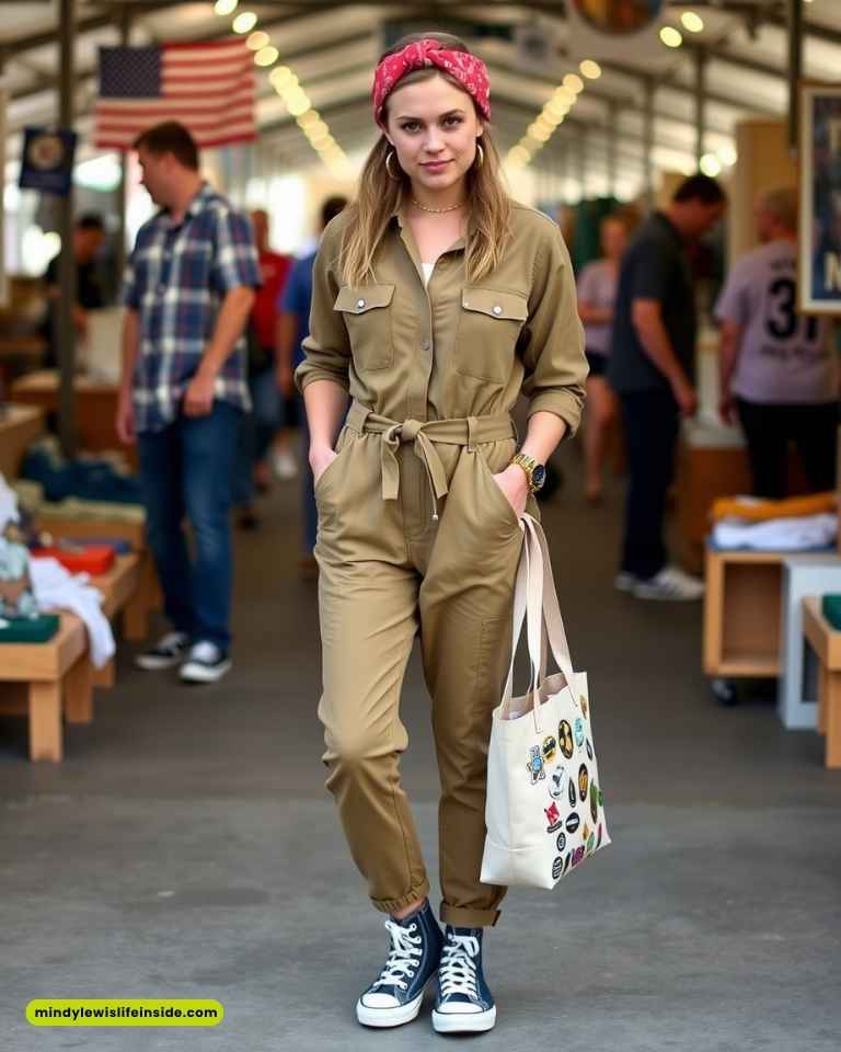 A woman wearing a brown jumpsuit and a pink headband, showcasing a stylish hipster outfit.