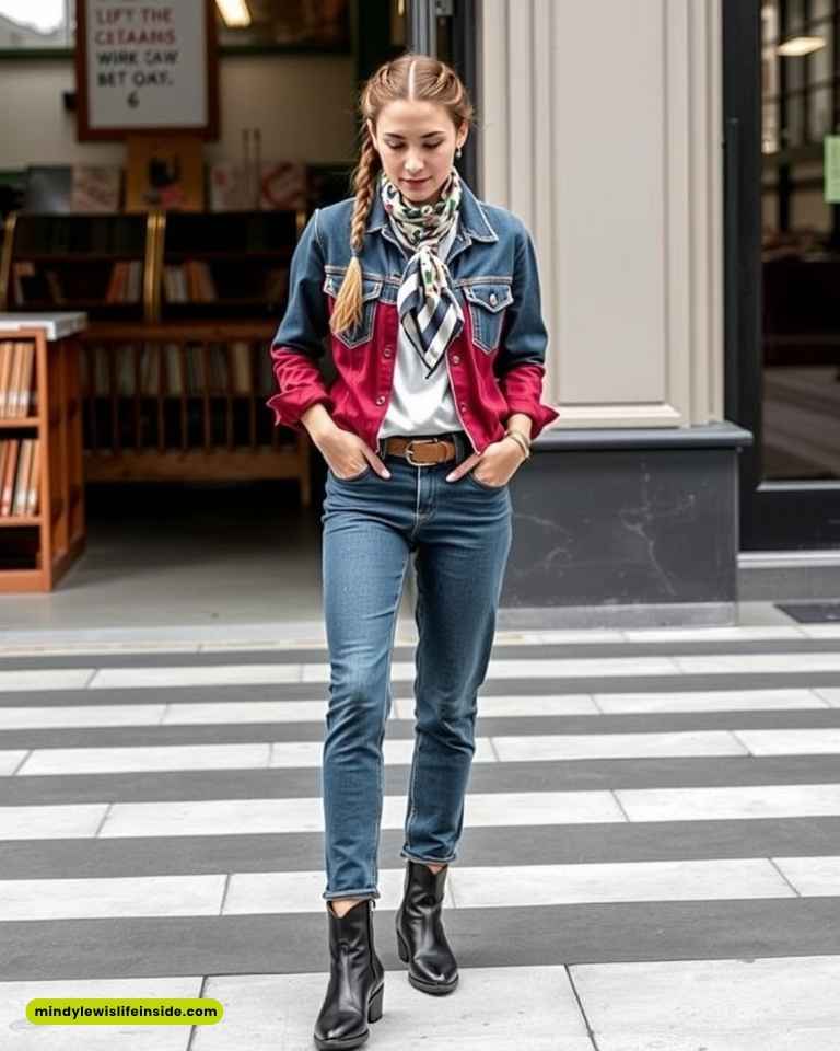 A woman in a red and blue jacket paired with jeans, showcasing a trendy hipster outfit.
