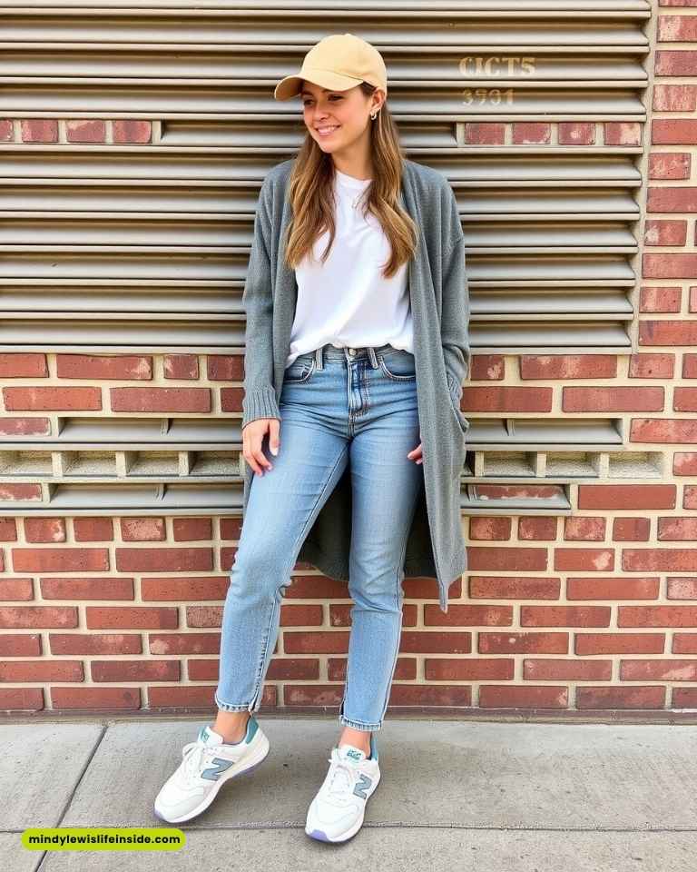 A woman in a hat and jeans stands confidently against a textured brick wall, showcasing a hipster outfit.