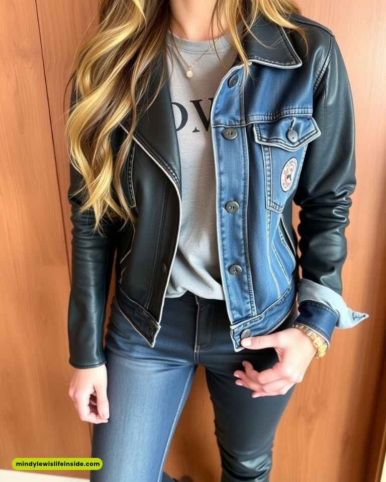 A woman dressed in a denim jacket and jeans stands confidently, showcasing a casual and stylish outfit.