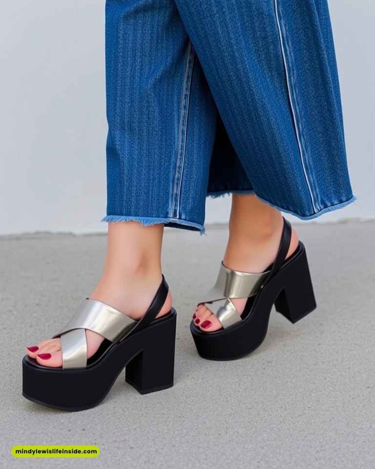 A woman models black and silver platform sandals, styled with wide leg jeans for a trendy look.