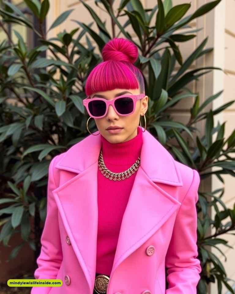 A woman with bright pink hair and a bun wears pink sunglasses and a vibrant pink coat. She's standing in front of green plants, exuding a bold, stylish vibe.