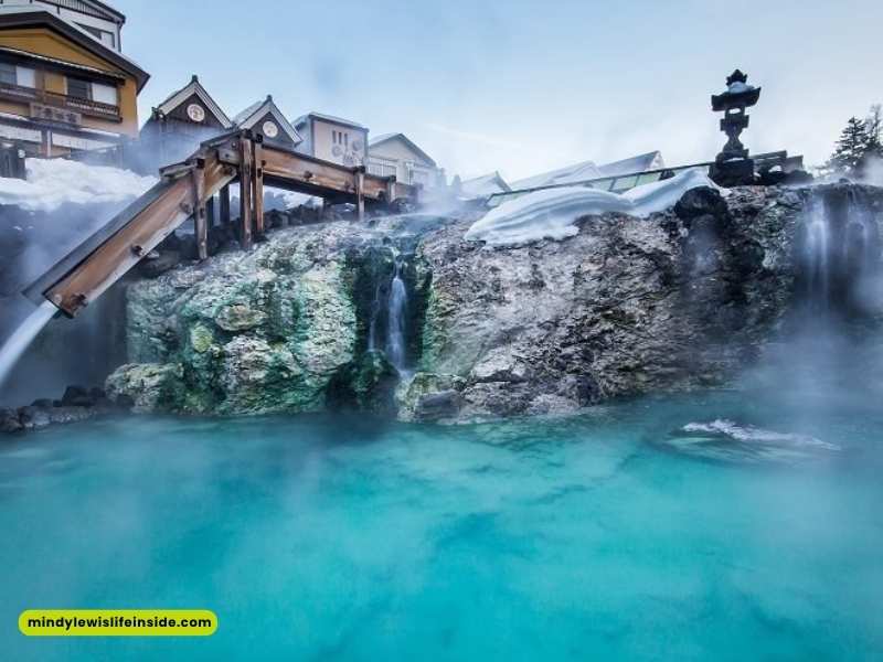 Scenic view of the Kyushu hot springs resort, featuring steaming natural pools surrounded by lush greenery.