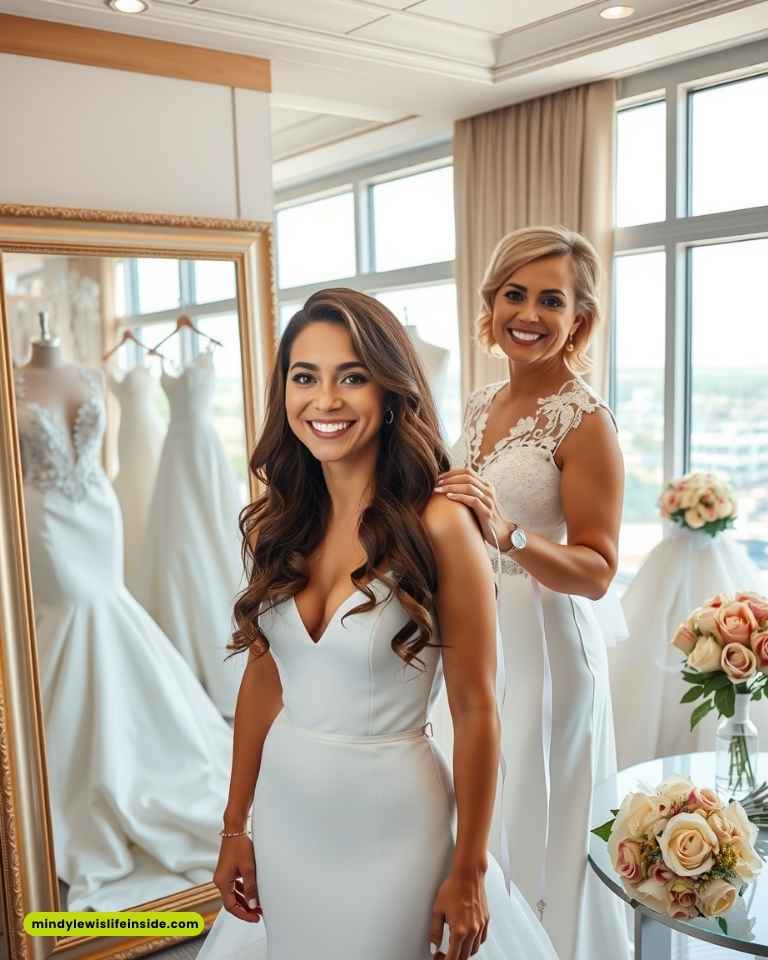 Two women in wedding dresses stand together, admiring their reflections in a large mirror.