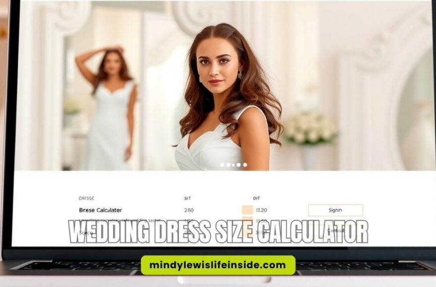 Visual representation of a wedding dress size calculator, featuring measurement inputs and size selection for brides.