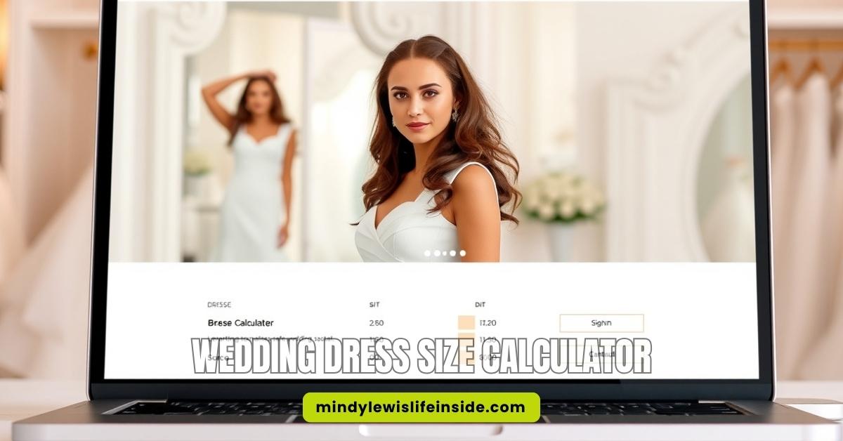 Visual representation of a wedding dress size calculator, featuring measurement inputs and size selection for brides.