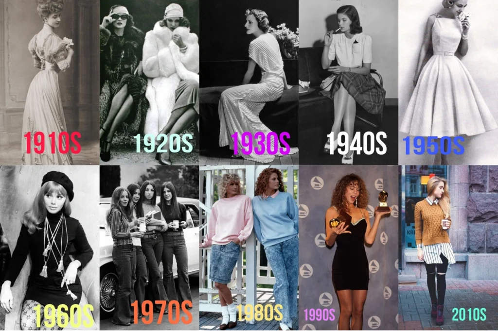 Collage of women's fashion styles from the 1910s to 2010s showcasing iconic decade trends and silhouettes.