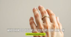 Image depicting a question: "What hand do you wear your wedding ring on?" with a wedding ring illustration.