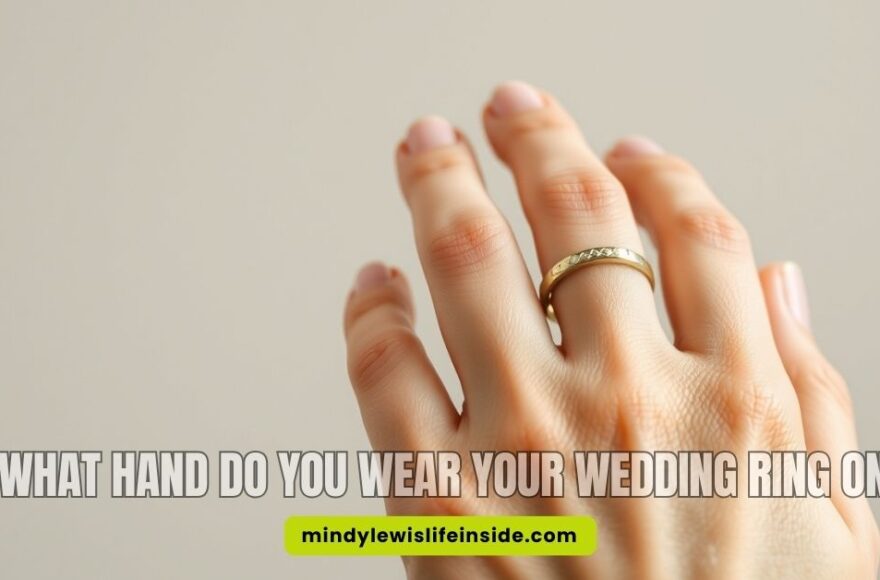 Image depicting a question: "What hand do you wear your wedding ring on?" with a wedding ring illustration.
