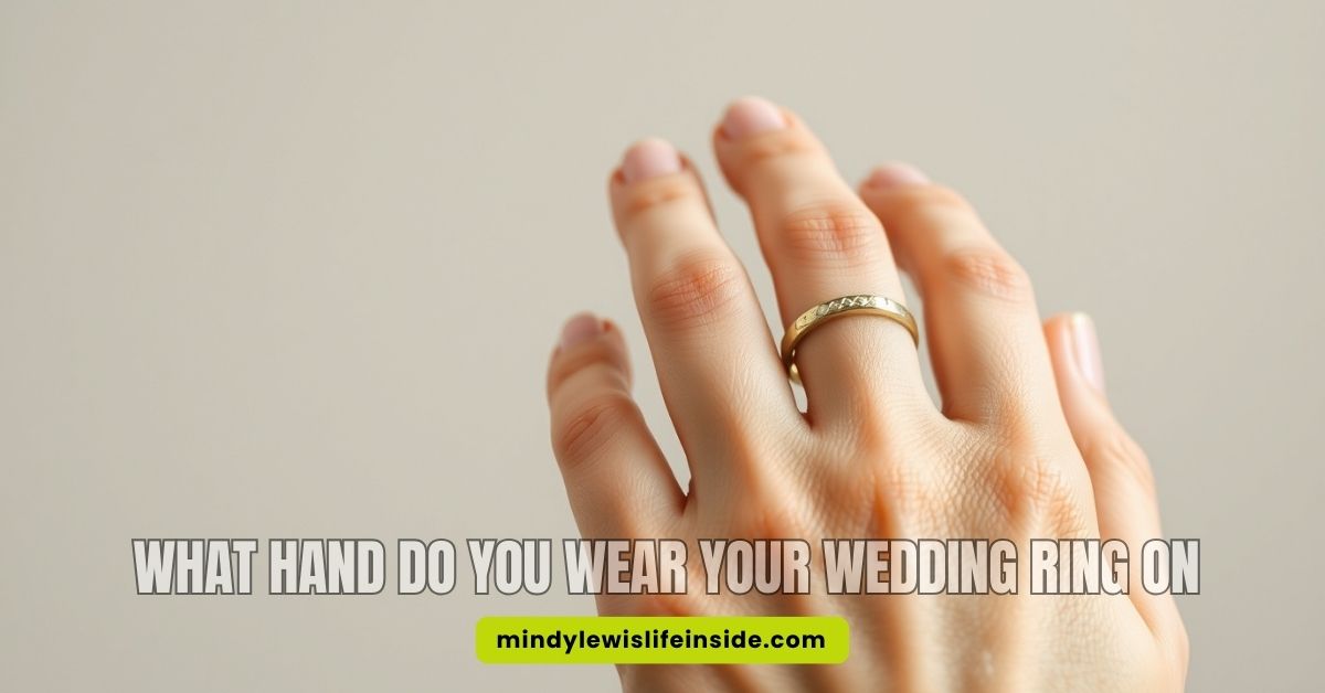 Image depicting a question: "What hand do you wear your wedding ring on?" with a wedding ring illustration.