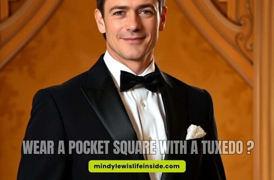 A man dressed in a tuxedo stands beside the question, "Should you wear a pocket square with a tuxedo?"