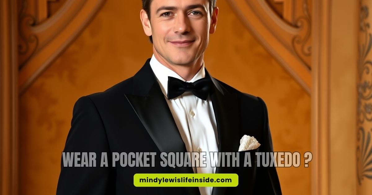 A man dressed in a tuxedo stands beside the question, "Should you wear a pocket square with a tuxedo?"