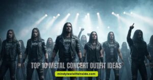 A band stands confidently in front of an enthusiastic crowd at a metal concert, showcasing stylish outfit ideas.