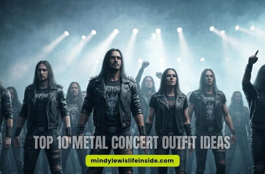 A band stands confidently in front of an enthusiastic crowd at a metal concert, showcasing stylish outfit ideas.