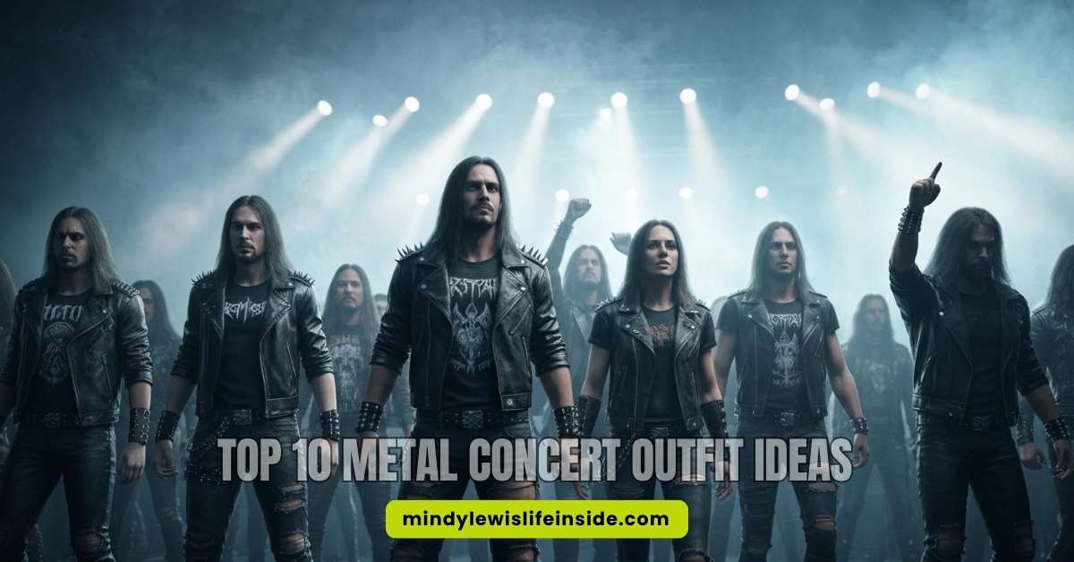A band stands confidently in front of an enthusiastic crowd at a metal concert, showcasing stylish outfit ideas.