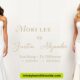 Two women in elegant strapless white gowns stand against a light background. Text between them reads "Mori Lee vs Justin Alexander" with sizing details.
