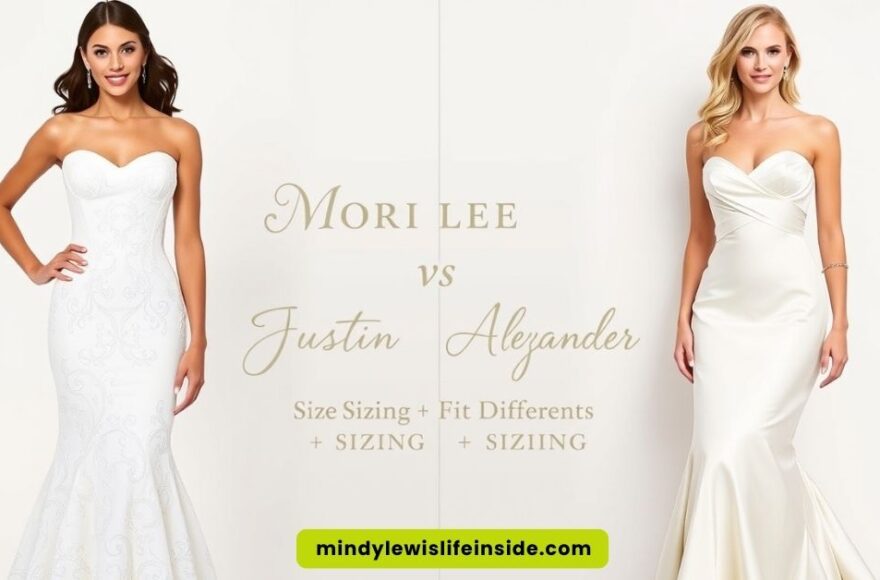 Two women in elegant strapless white gowns stand against a light background. Text between them reads "Mori Lee vs Justin Alexander" with sizing details.