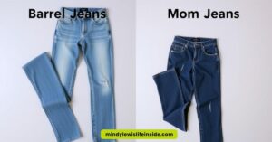 Split image of blue jeans: light-washed "Barrel Jeans" on the left and darker "Mom Jeans" on the right. Both have slight distressing.