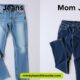 Split image of blue jeans: light-washed "Barrel Jeans" on the left and darker "Mom Jeans" on the right. Both have slight distressing.