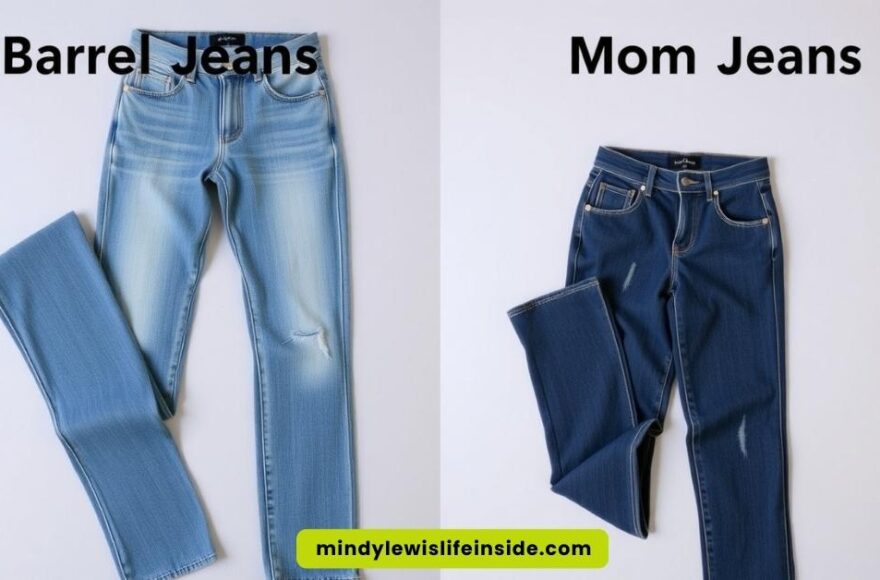 Split image of blue jeans: light-washed "Barrel Jeans" on the left and darker "Mom Jeans" on the right. Both have slight distressing.