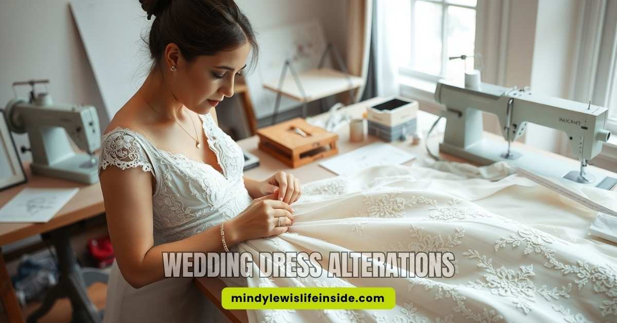 A woman in an elegant, lace wedding dress works attentively with sewing machines in a well-lit room, suggesting focus and craftsmanship. Text overlay reads "Wedding Dress Alterations" and "mindylewislifeinside.com".