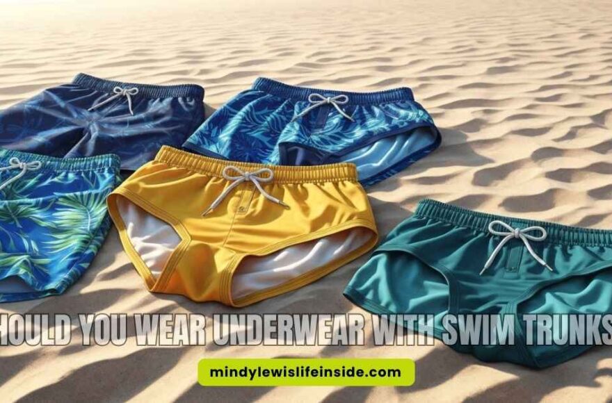A variety of colorful swim trunks and briefs lie on a sandy beach. Text reads, "Should you wear underwear with swim trunks?" The mood is casual and summery.