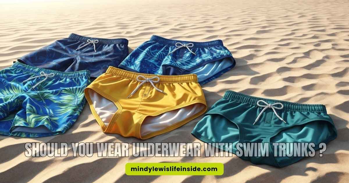A variety of colorful swim trunks and briefs lie on a sandy beach. Text reads, "Should you wear underwear with swim trunks?" The mood is casual and summery.