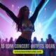 A woman in a metallic top dances at an EDM concert, surrounded by vibrant lights and a lively crowd. Text overlay reads, "15 EDM Concert Outfits Ideas."