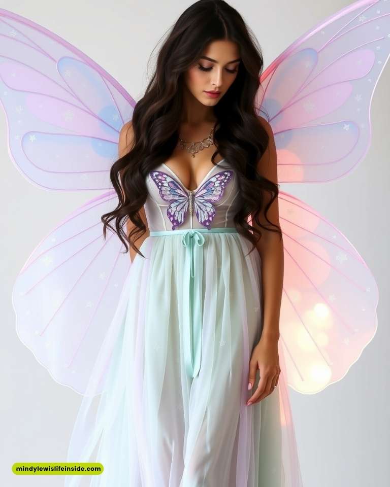 Woman in a flowing pastel dress with large, iridescent butterfly wings looks downward. Her serene expression adds a dreamy, ethereal tone.