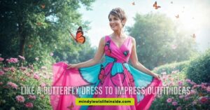 A woman in a vibrant butterfly-patterned dress stands in a garden, smiling amid blooming flowers and butterflies, evoking a joyful, whimsical mood.