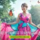 A woman in a vibrant butterfly-patterned dress stands in a garden, smiling amid blooming flowers and butterflies, evoking a joyful, whimsical mood.