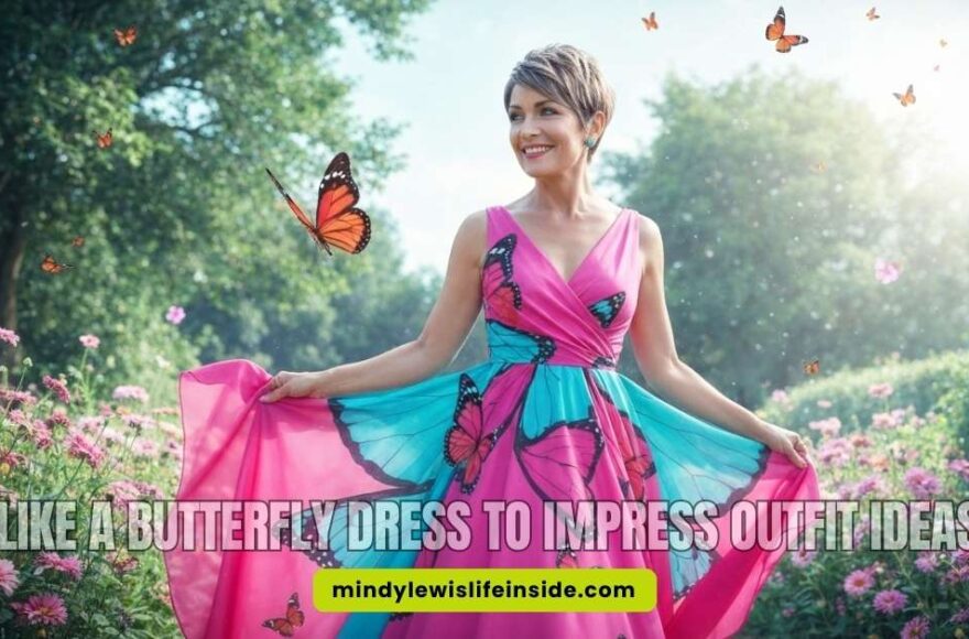 A woman in a vibrant butterfly-patterned dress stands in a garden, smiling amid blooming flowers and butterflies, evoking a joyful, whimsical mood.