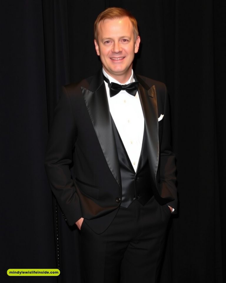 A smiling man in a classic black tuxedo and bow tie stands against a dark background. His relaxed posture and confident expression convey elegance.