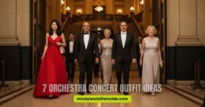 Elegantly dressed people walk down a grand hallway with ornate lighting and pillars. Text overlay reads, "7 Orchestra Concert Outfit Ideas."