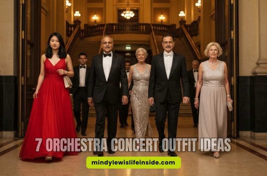 Elegantly dressed people walk down a grand hallway with ornate lighting and pillars. Text overlay reads, "7 Orchestra Concert Outfit Ideas."