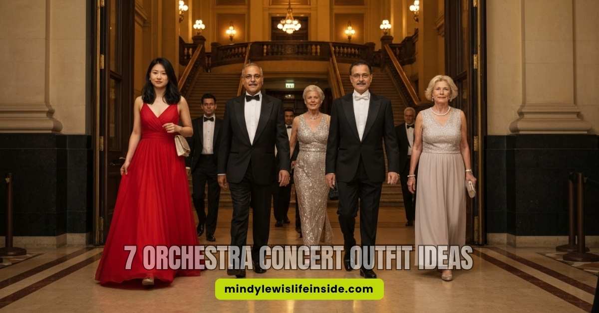 Elegantly dressed people walk down a grand hallway with ornate lighting and pillars. Text overlay reads, "7 Orchestra Concert Outfit Ideas."