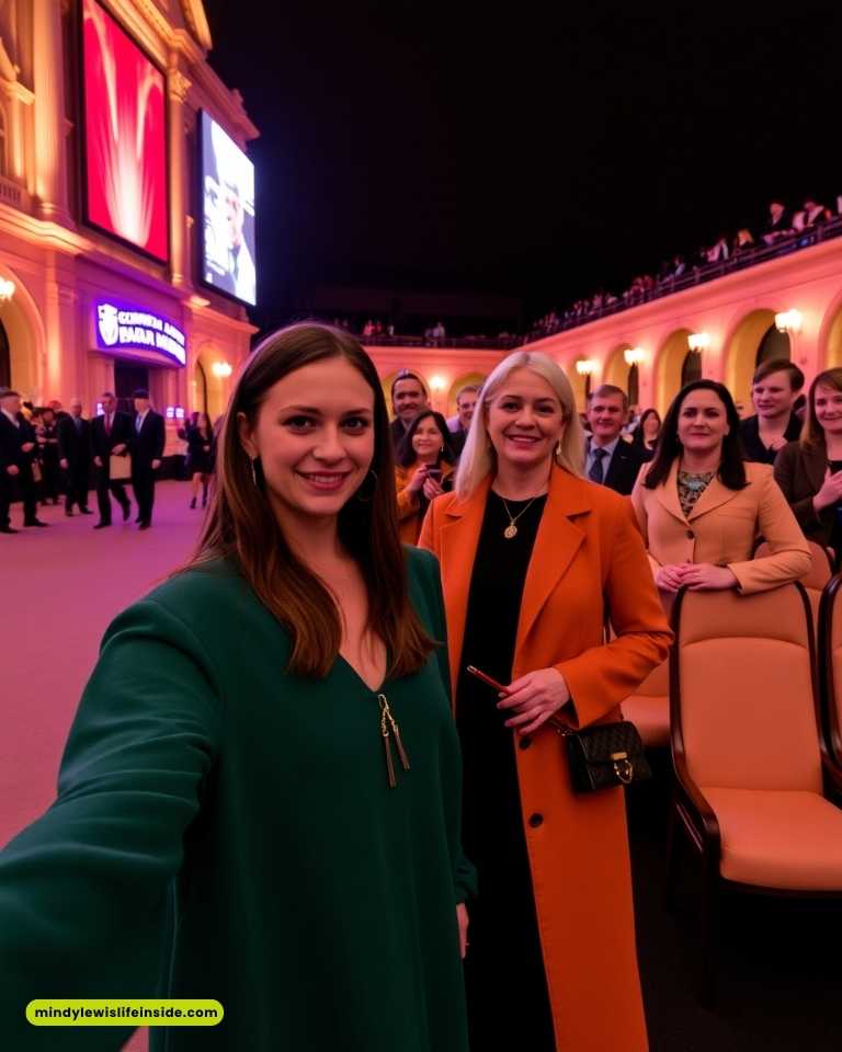A woman in a green dress takes a selfie in a grand hall with a smiling group. The hall is warmly lit with ornate architecture and a large screen in view.