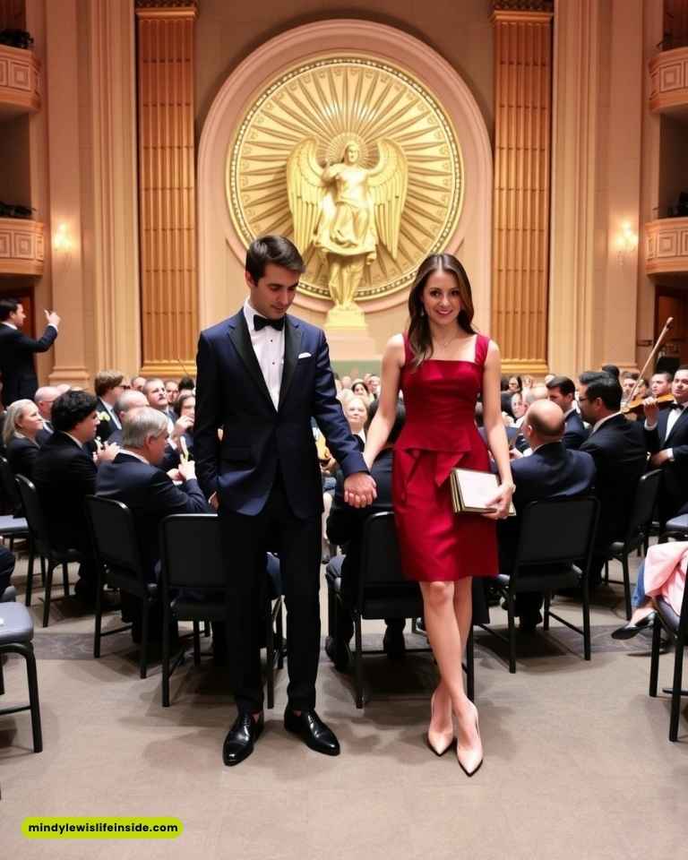 A couple in formal attire holds hands in a grand hall. The woman wears a red dress, the man a dark suit. Behind them, people are seated and a gold angel sculpture adorns the wall.