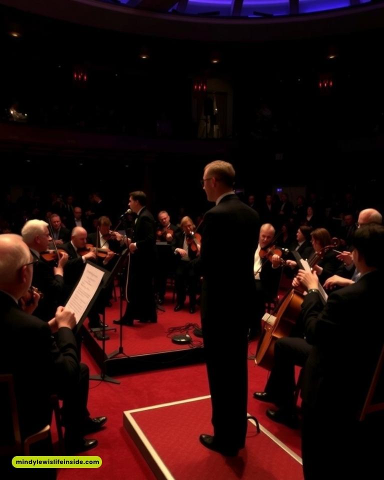 Orchestra musicians in formal attire perform on a red-carpeted stage. A conductor and a soloist stand at the center, creating a focused, elegant atmosphere.