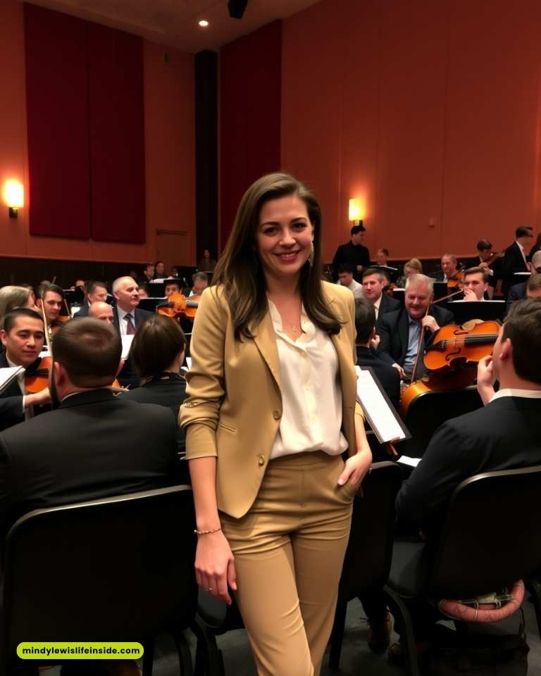 A smiling woman in a tan suit stands confidently in front of an orchestra. Musicians hold string instruments, creating a formal, lively ambiance.