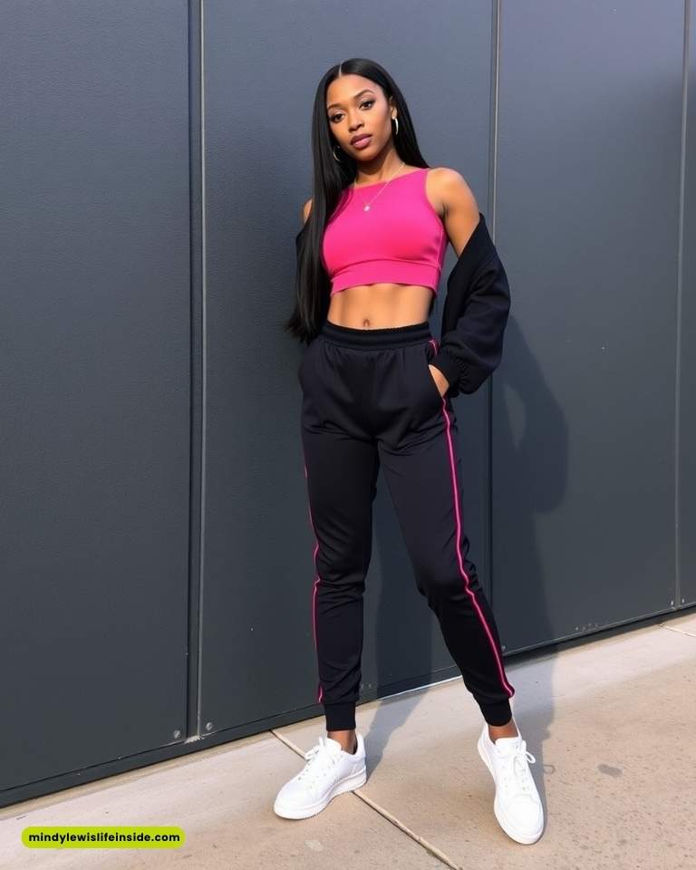 Woman in a pink crop top and black track pants stands confidently against a dark wall. She wears white sneakers, embodying sporty chic style.
